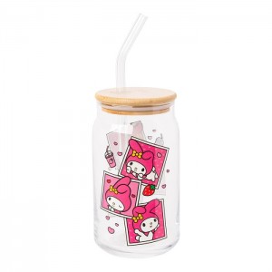 Hello Kitty My Melody Snacks Bamboo Lidded Glass Tumbler Růžové | CZ_HK49549